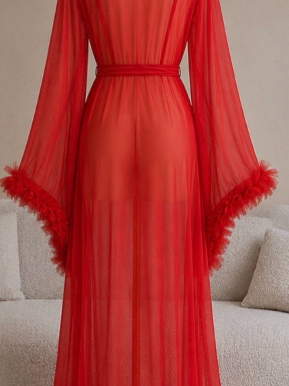 Red Sheer Ruffle Maxi Robe | Floor-Length Bell Sleeve Lingerie Robe - Picture 3 of 3